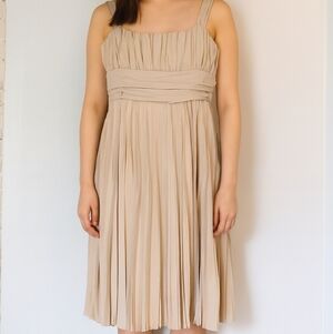 Anne Klein Dress Fit Flare Baby Doll Midi Size 12P Beige Pleated Lined Summer